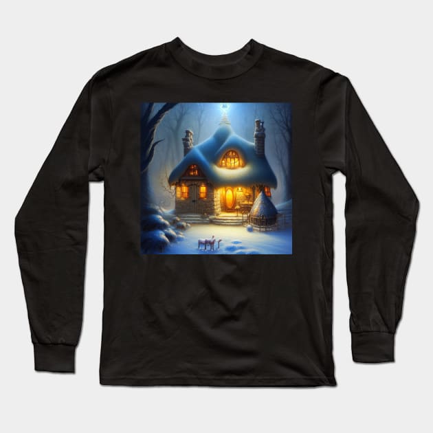 Magical Fantasy Cottage with Lights In A Snowy Scene, Scenery Nature Long Sleeve T-Shirt by Promen Art